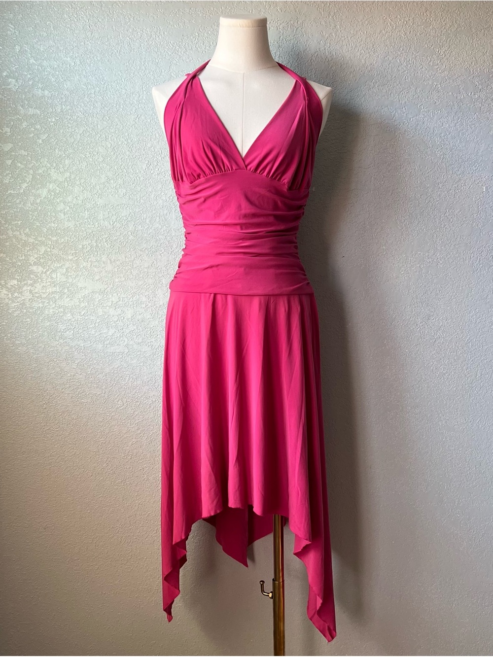 Vintage Ginori Y2K Pink Ruched Halter Handkerchief Hem Dress USA Large